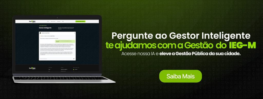 Banner da Insight Público. Apresentando um notebook com a página do Gestor Inteligente simulando uma pergunta "Como melhorar o IEG-M do meu Município".