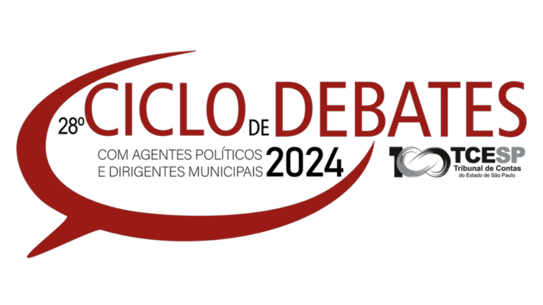 Imagem anunciando o 28º Ciclo de Debates com Agentes Políticos e Públicos de 2024, com a presença da logo comemorativa de 100 anos do TCESP.